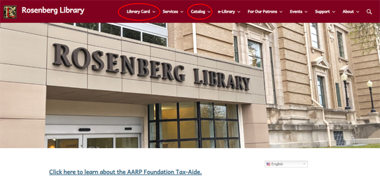 Picture of the Rosenberg Library website. Select 'My Account' from the navigation bar at the top.