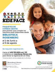 Paquetes de comida gratis para jóvenes que cumplen los requisitos están disponibles desde el 2 de Junio a el 9 de agosto. Se requiere registración.